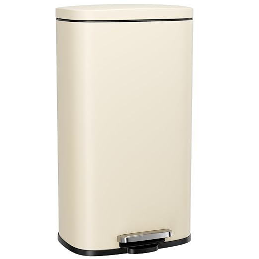 Arlopu 8/13.2 Gallon Step Trash Can, Stainless Steel Garbage Bin, Soft-Close Rubbish Bin with Removable Plastic Inner Bucket, Fingerprint-Proof, Lid Dustbin, Suit for Kitchen (Beige, 30L)