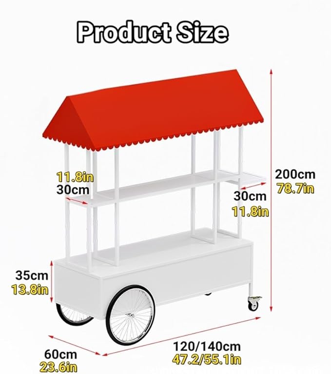 Portable Food Cart with Striped Canopy, Mobile Vendor Display Stand with Lockable Wheels, Iron Outdoor Cart for Market, Street Food or Events(White,55.1in)