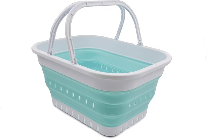 SAMMART 19L (5 Gallon) Collapsible Tub with Handle - Portable Outdoor Picnic Basket/Crater - Foldable Shopping Bag - Space Saving Storage Container (1, White/Lake Green)