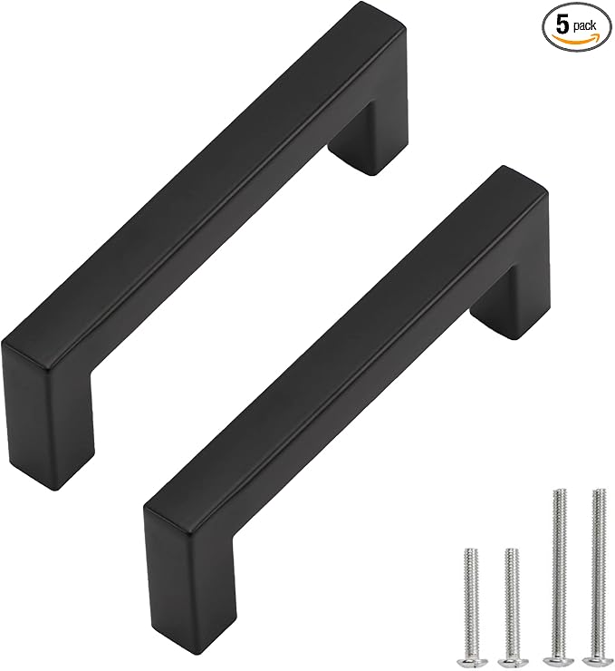 Cabinet Pulls Matte Black Cabinet Handles Square Drawer Pulls, 5 Pack 3-3/4 Inch Stainless Steel Kitchen Door Cupboard Cabinet Handles, Drawer Hardware Handles, 96mm Hole Centers