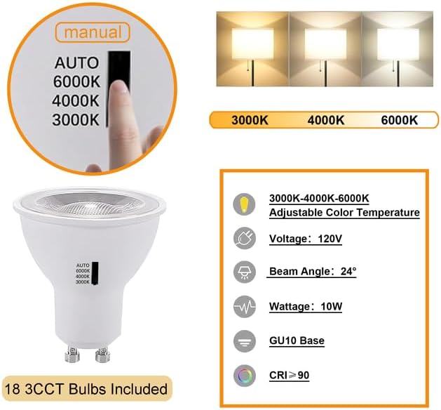 Dimmable LED GU10 Track Lighting Kit with Replaceable GU10 Bulbs, 18-Pack All-in-One Plug in 3CCT Ceiling Spotlights with 19.68FT Track Rails, Accent Lighting for Home, Store, Moblie Cart and Office