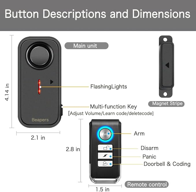Personal Security Waterproof Door/Window Alarm - IP66 Waterproof with Remote Control, 113dB, Alarm/Doorbell Mode, Upgraded door gap spacing - Indoor/Outdoor Anti-Theft (1 Main Unit & 1 Remote Control)