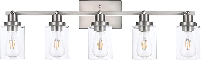 5 Light Track Lighting Kit Brushed Nickel Kitchen Track Lighting Fixtures Ceiling Mount Bathroom Vanity Wall Scones Light Fixture with Clear Glass, Rotatable Spotlight for Kitchen Shop Hallway