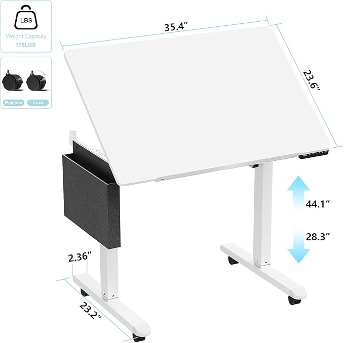 Standing Desk with Whiteboard – Electric Height Adjustable Drafting Table, Flip Dry Erase Top, Mobile Drawing Desk with Wheels & Storage Bag for Home, Office, Studio, Art