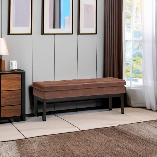 SIMPLIHOME Carlson Ottoman Bench - 45 inch Wide Upholstered Vegan Leather Rectangle Ottoman in Distressed Saddle Brown, Mid Century Modern Bench for Bedroom or Living Room with Padded Seat