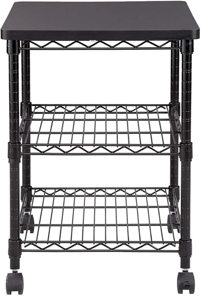 Safco Deskside 3 Tier Rolling Cart Printer Stand, Mobile Utility Table for Home Office with Steel Shelves, Black