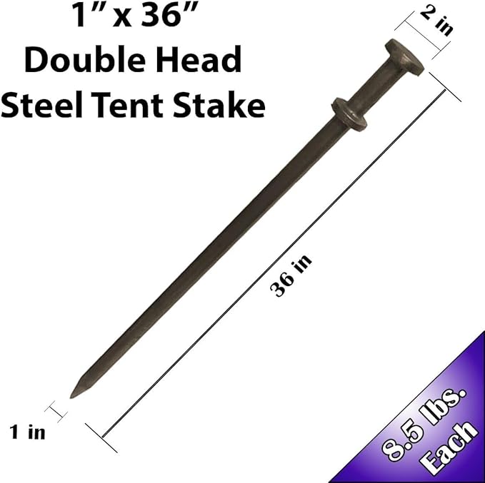 Double Head Tent Stakes - Heavy Duty Steel Tent Stakes, Versatile Ground Spikes to Anchor Commercial Inflatables, Party Tents, and Outdoor Camping Shelters, 1 x 36 Inch, 50-Pack