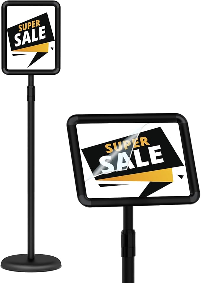 Sign Holder - 8.5x11 inch Sign Stand Holder Adjustable Display Stand Floor Standing Sign Holder, Signage Stand with Snap-Open Frame Display for Malls,Schools,Restaurants (Black)
