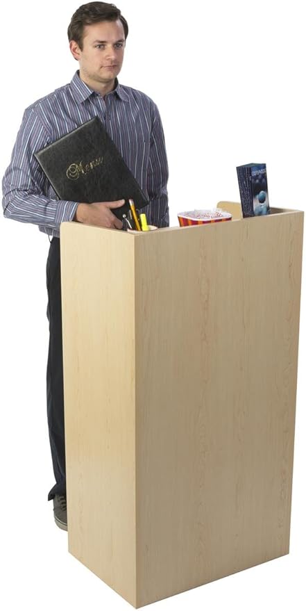 Displays2go Hostess Station, Hidden Wheels, Adjustable Shelf, Maple (LCKDPHSMP)