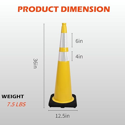 8 Pack 36 Inch Yellow Traffic Cones with Reflective Strips, Large Black Base Safety Cones for Industrial Sites, Warehouses and Emergency Marking (8, Yellow, 36 Inch)