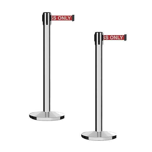 Montour Line MI650 Set of 2 Retractable Belt Barrier Stanchion, Cast Iron Base, Polished Stainless Steel Post (16 ft Red with"Authorized Access ONLY" White Letters Belt)