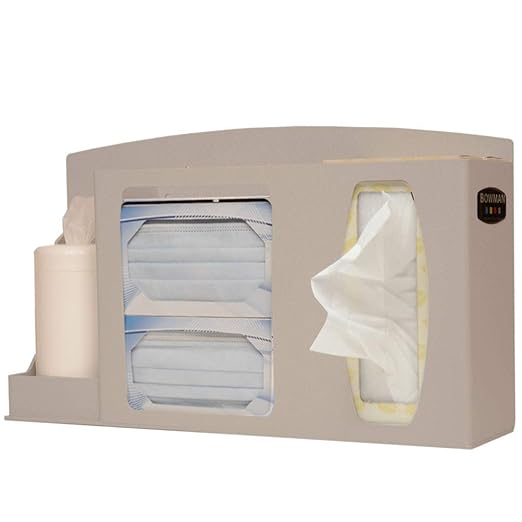Respiratory Hygiene Station Holds 1 Bottle sanitizer, 2 mask, 1-2 Tissue Wall Mount, Place on Counter, or Mount to Bowman® Floor Stand Dims: 4.45”L x 17.9”W x 10.5”H