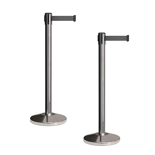 CCW Set of 2 Retractable Belt Barriers Stanchion, Polished Stainless Steel Post, RBB-100 (11 Foot Belt, Dark Grey Belt)