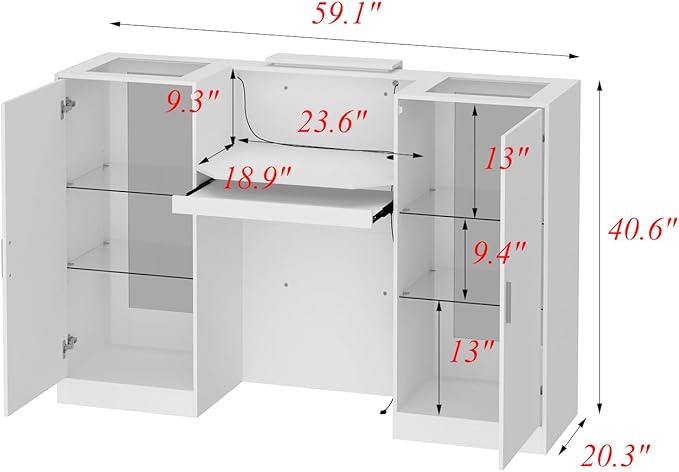 Reception Desk with Counter, 59.1 inch Front Desk with LED Light & Glass Display Shelf, Reception Room Table with Cable Grommet, Retail Counter Salon Reception for Checkout, White