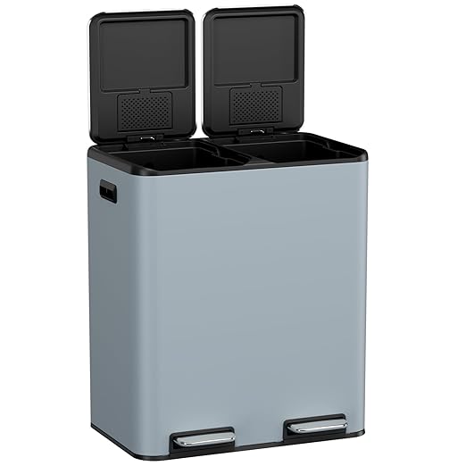 60L Dual Compartment Kitchen Trash Can, Hands-Free Stainless Steel Garbage Bin, Soft-Close Lid, Odor Control, Inner Bucket, Haze Blue, Perfect for Waste Sorting