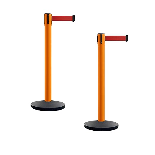 Montour Line MI650 Set of 2 Retractable Belt Barrier Stanchion, Cast Iron Base, Orange Post (16 ft Red Belt)