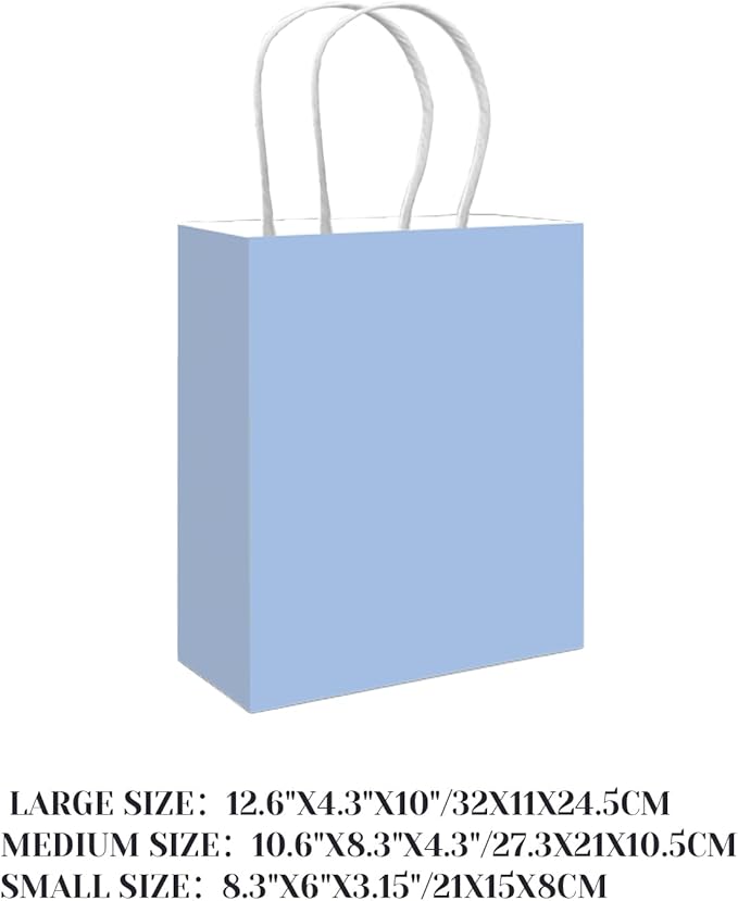 qiqee 100PCS Gift Bag with Handles Bulk Light Blue Paper Bags Assorted Sizes(33pcs Large 13",33pcs Medium 11",34pcs Small 8")