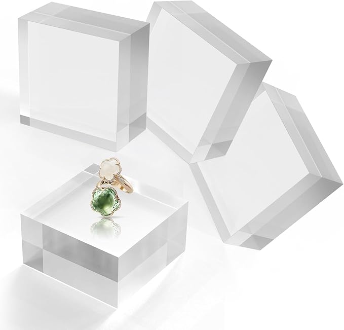 Acrylic Base Stand 4 Pieces Acrylic Blocks for Display 4 X 4 X 2 Inch Clear Polished Block Square Cube Riser Display Pedestal Stands for Jewelry Perfume Ring Collection Props Cake
