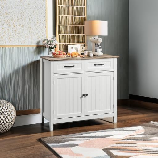 Gizoon Kitchen Sideboard Buffet Cabinet, 32'' H Large Kitchen Storage Island and Adjustable Shelf, Modern Coffee Bar Console Cabinet for Dining Room, Bathroom, Entryway, Grey