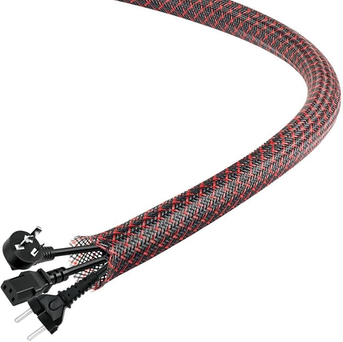 25Ft-1/4inch PET Expandable Braided Wire Sleeving,Wire Loom Cable Sleeve for TV,Computer,Home Theater,Automotive,Home Industrial,Electrical Wires,Chemical,Protect Cat from Chewing Cords,BlackRed