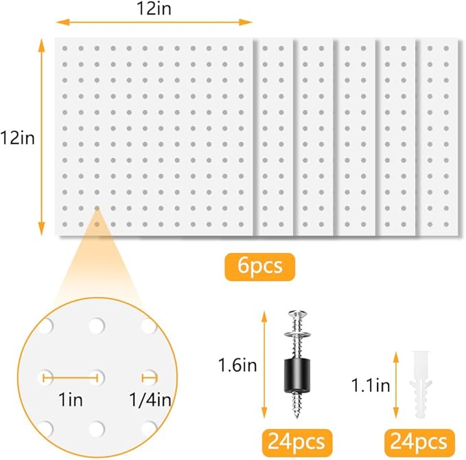 6Pcs Pegboard, Peg Board, Metal Pegboard Wall Organizer Panels Accessories, Mount Display Pegboard Kits for Walls Garage Craft Room Office Workshop, Easy Installation (White)