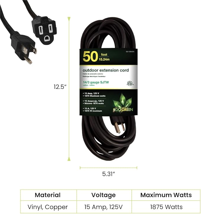 Go Green Power Inc. 14/3 50ft Black Outdoor Extension Cord - Robust, Heavy Duty - Perfect for Outdoor Tools & Equipment - GG-13850BK