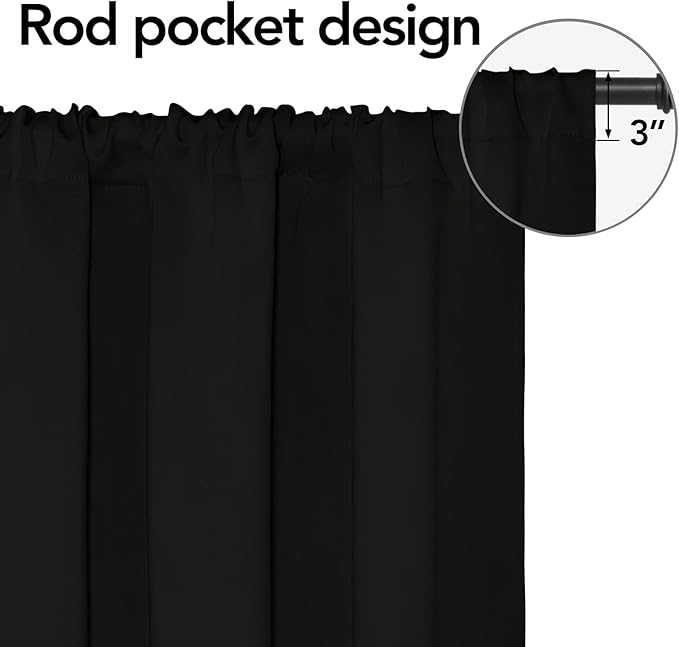 Easy-Going Rod Pocket Blackout Curtains for Bedroom, Room Darkening Window Curtains for Living Room, Thermal Insulated Noise Reduction Solid Window Drapes, 2 Panels(52x96 in, Black)