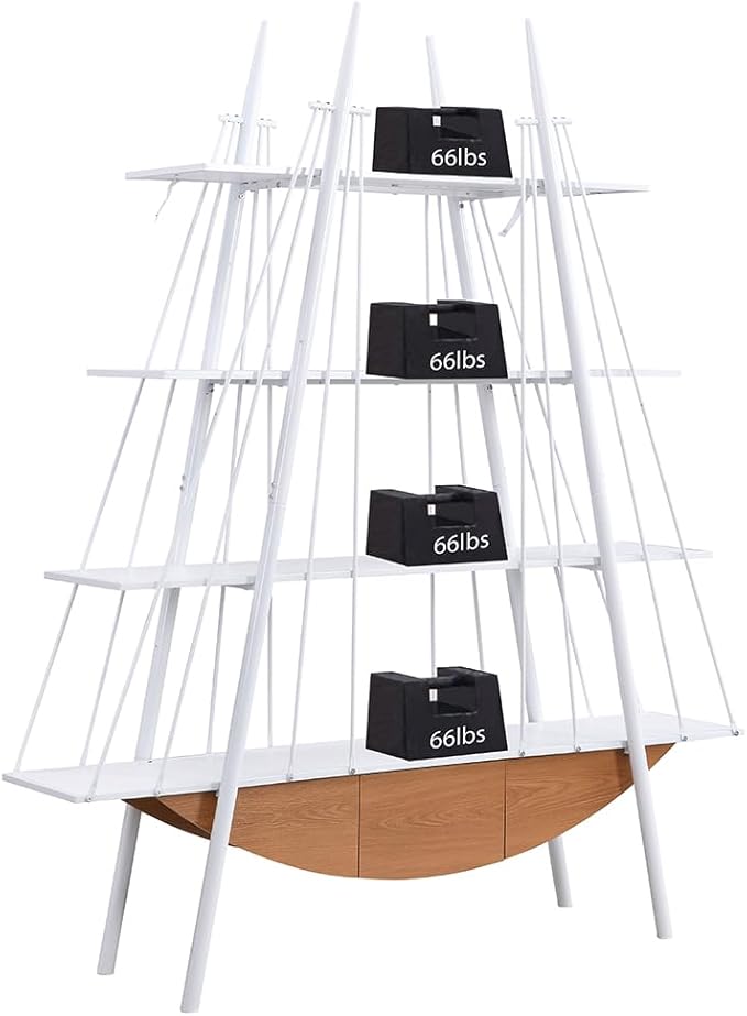 Boat-Shaped Bookshelf, 4 Tier Ladder Bookcase with Drawer 84.3" Tall Bookshelves for Storage Display Decor Easy Assembly Bookcase Furniture for Bedroom, Living Room and Home Office