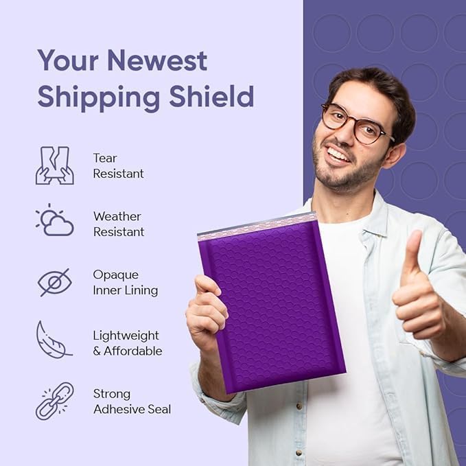 Purple 7.25x12 Inch Poly Bubble Mailers #1 | Self Seal Padded Envelopes | Air Cushioned Bubble Mailer | Usable Size 7.25x11 Inch | 100 Pack Bulk | Waterproof | Lightweight Mailing Shipping Bags