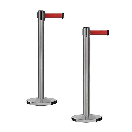 Montour Line MI650 Set of 2 Retractable Belt Barrier Stanchion, Cast Iron Base, Black Satin Stainless Steel Post (16 ft Red Belt)