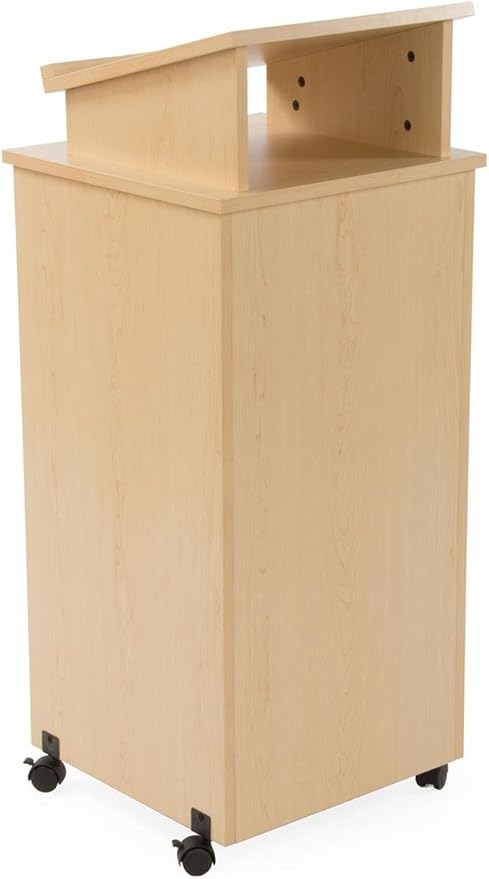 Rolling Wood Podium, 44"H, Locking Wheels, 2 Shelf Open Cabinet, Top Surface with Lip (Maple)