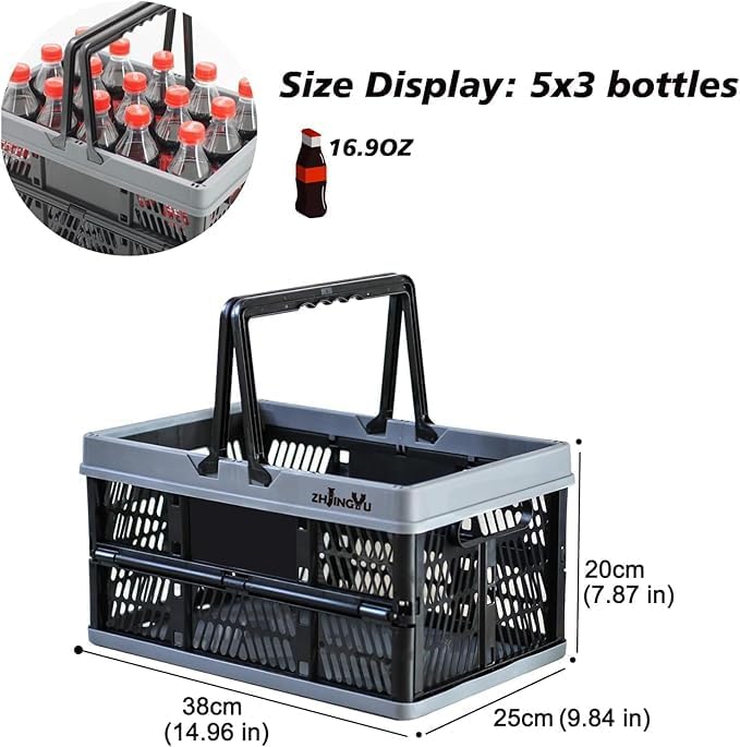 plastic baskets with handles 20L,collapsible crates for storage,14.96"x9.84"x7.87" foldable shopping basket ,foldable crate with Handles for car Classroom Kitchen Bathroom Medicine Milk