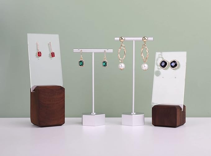 GemeShou Metal 2pcs Earring T Stand Silver Retail Display Holder for Show, White T Bar Jewelry for Online Store Photography 【Silver-Hexagon Base 2pcs Height 4.5" and 5.3"】
