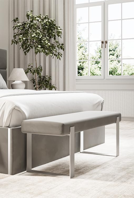 VANT Upholstered Bed Bench - Velvet Platinum Grey - Brushed Nickel - Contemporary Modern, Bedroom Bench Seat, Hallway, or Entryway