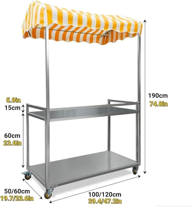 Outdoor Food Cart with Canopy, Portable Street Vendor Stand, Foldable Commercial Vending Trolley Kiosk for Market, Street Food and Events(Yellow,39.4x19.7in)