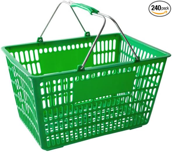Plastic Shopping Basket, Green, 18 11/16 x 12 3/8 Inch, Steel Handles, 32L Capacity, Stackable Design for Grocery Market Store, 12 Pack