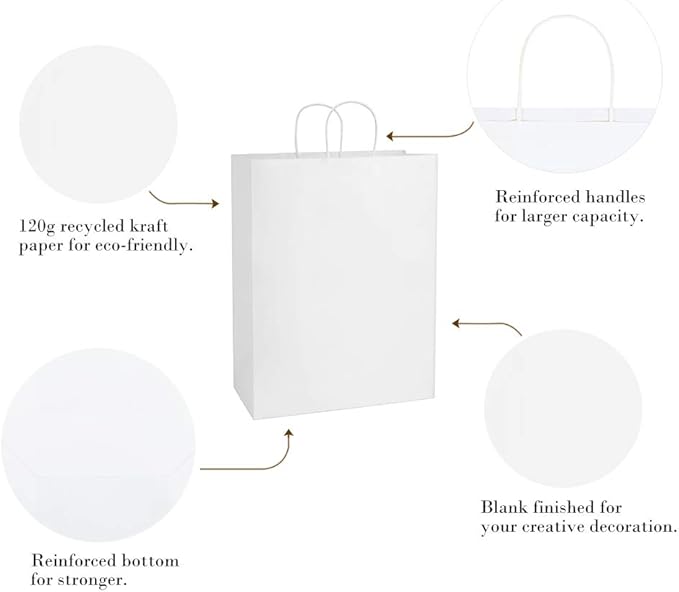BagDream Kraft Paper Bags 13x7x17 50Pcs White Gift Bags with Handles Bulk Large for Shopping, Party Favors, Retail, Merchandise, Grocery Recyclable Paper Sacks
