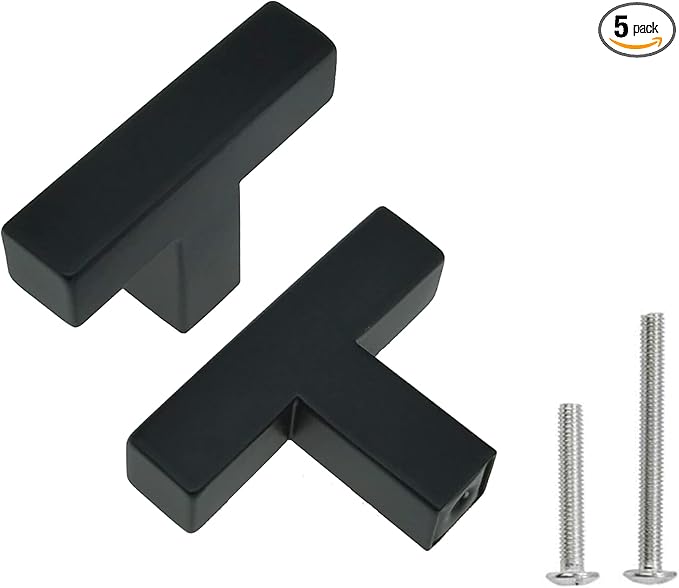 5 Pack Square Matte Black T Bar Cabinet Handles, Stainless Steel Single Hole Cabinet Knobs