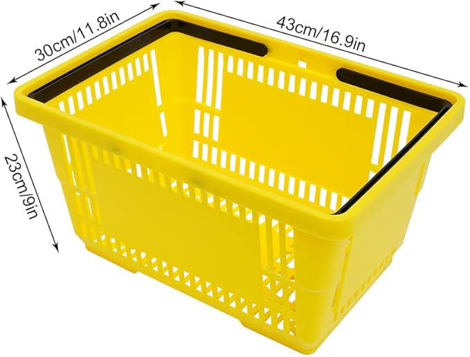 12PCS Yellow Plastic Shopping Baskets with Handles, Portable Retail Baskets Grocery Basket with Handles,18L Hand Shopping Basket Set for Stores, Supermarket, Retail, Groceries Carrying