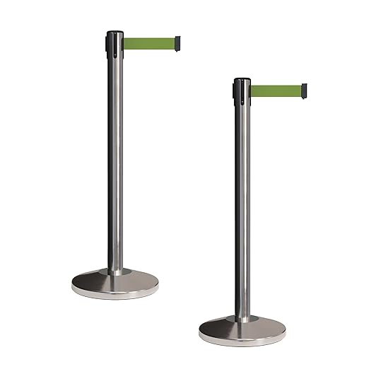 CCW Set of 2 Retractable Belt Barriers Stanchion, Polished Stainless Steel Post, RBB-100 (9 Foot Belt, Olive Belt)
