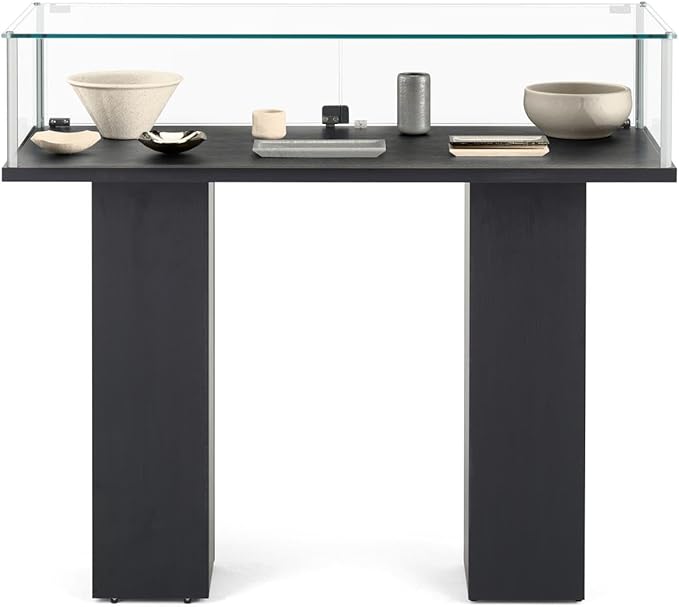Free-Standing Tempered Glass Display Case, with 2 Pedestal Style Legs and Black Veneer