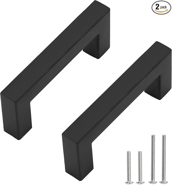 Cabinet Pulls Matte Black Cabinet Handles Square Drawer Pulls, 2 Pack 3 Inch Stainless Steel Kitchen Door Cupboard Cabinet Handles, Drawer Hardware Handles, 76mm Hole Centers