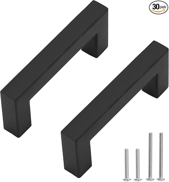Cabinet Pulls Matte Black Cabinet Handles Square Drawer Pulls, 30 Pack 3 Inch Stainless Steel Kitchen Door Cupboard Cabinet Handles, Black Drawer Hardware Handles, 76mm Hole Centers