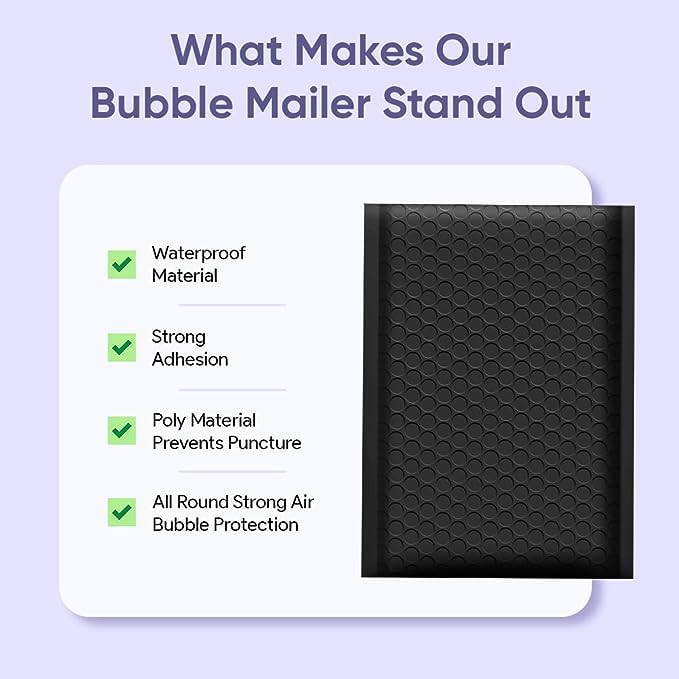 Black 12.5x19.5 Inch Large Poly Bubble Mailers #6 | Self Seal Large Padded Envelopes | Air Cushioned Bubble Mailer | Usable Size 12.5x18 | Waterproof Lightweight Mailing Shipping Bags | 50 Pack Bulk