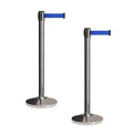 Crowd Control Warehouse CCW Set of 2 Retractable Belt Barriers Stanchion, Polished Stainless Steel Post, RBB-100 (9 Foot Belt, Blue Belt)