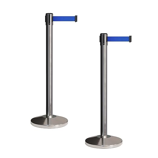 CCW Set of 2 Retractable Belt Barriers Stanchion, Polished Stainless Steel Post, RBB-100 (7.5 Foot Belt, Blue Belt)