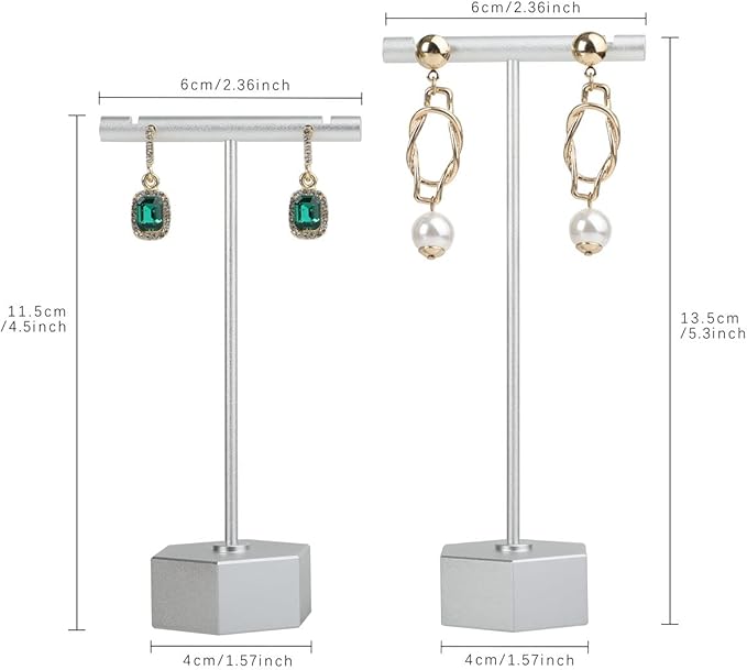 GemeShou Metal 2pcs Earring T Stand Silver Retail Display Holder for Show, White T Bar Jewelry for Online Store Photography 【Silver-Hexagon Base 2pcs Height 4.5" and 5.3"】