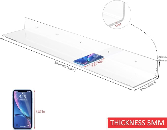 36 Inches Acrylic Wall Shelves 2 Pack, Floating Shelf for Wall Mounting, Acrylic Display Ledges for Funko Pop Figures, Home Décor, Living Room, Gaming Room, Plants(36 inch, Clear)