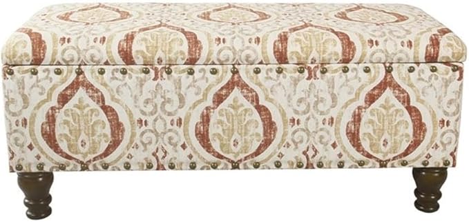 Homepop Home Decor | Upholstered Bench with Nailhead Trim | Large Ottoman with Storage for Living Room & Bedroom | Decorative Home Furniture, Orange and Cream Medallion