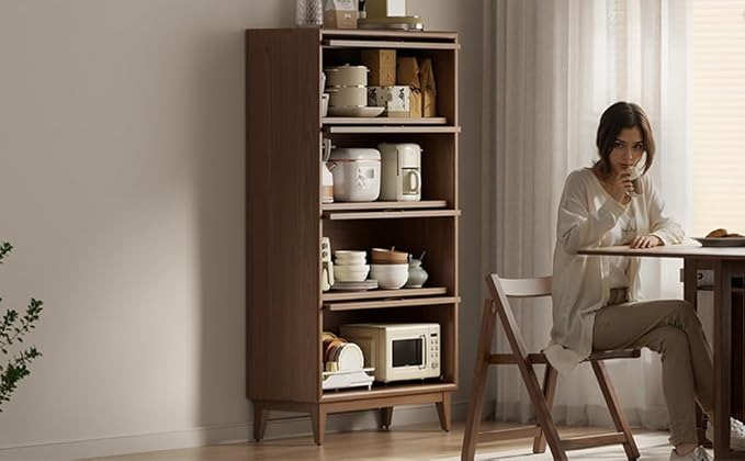 Solid Wood Book Case 4Tier Bookshelves with Tempered Glass Flip-Up Doors Brown Finish Adjustable laminate, Bookshelf Versatile Pantry Cabinet with Storage Home Office (Original Wood D14xW32xH60")